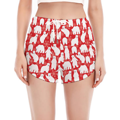 Polar Bear And Snowflake Pattern Print Women's Split Running Shorts