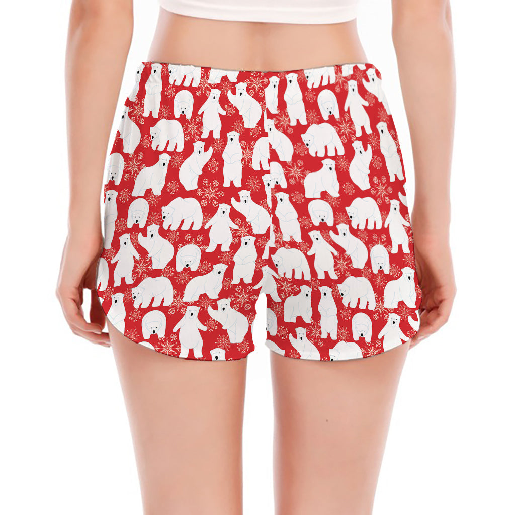 Polar Bear And Snowflake Pattern Print Women's Split Running Shorts
