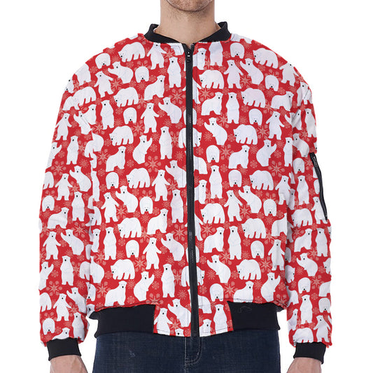 Polar Bear And Snowflake Pattern Print Zip Sleeve Bomber Jacket