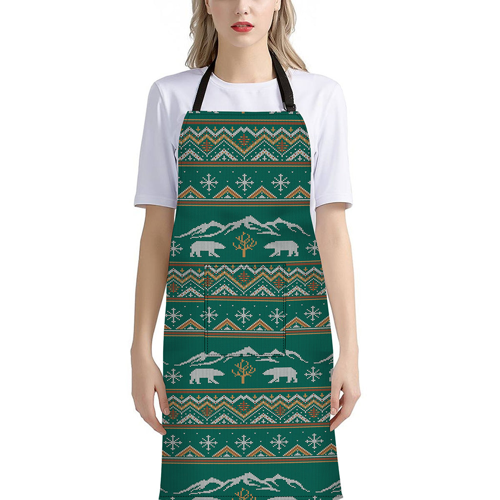 Polar Bear Knitted Pattern Print Bib Apron With Pocket
