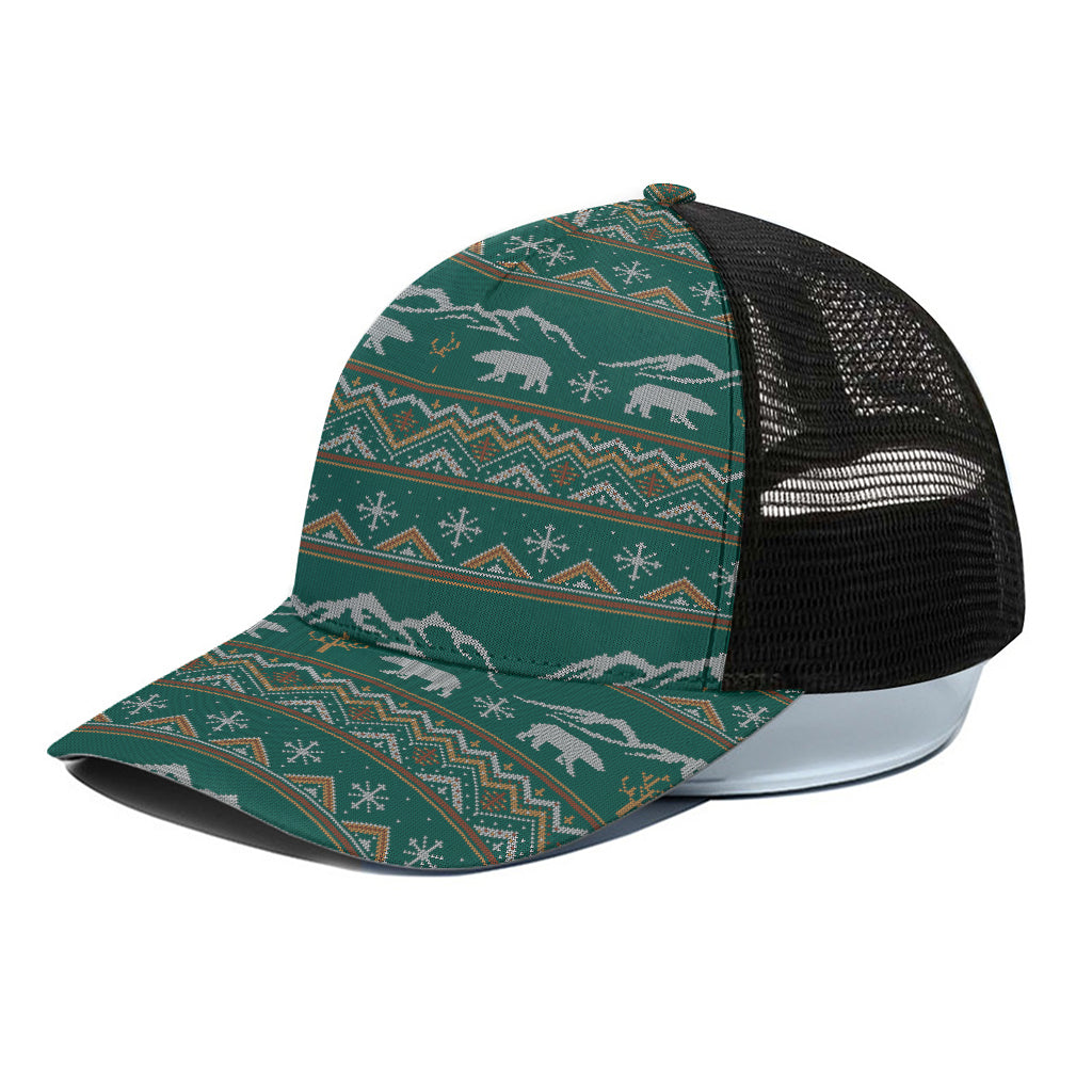 Polar Bear Knitted Pattern Print Black Mesh Trucker Cap