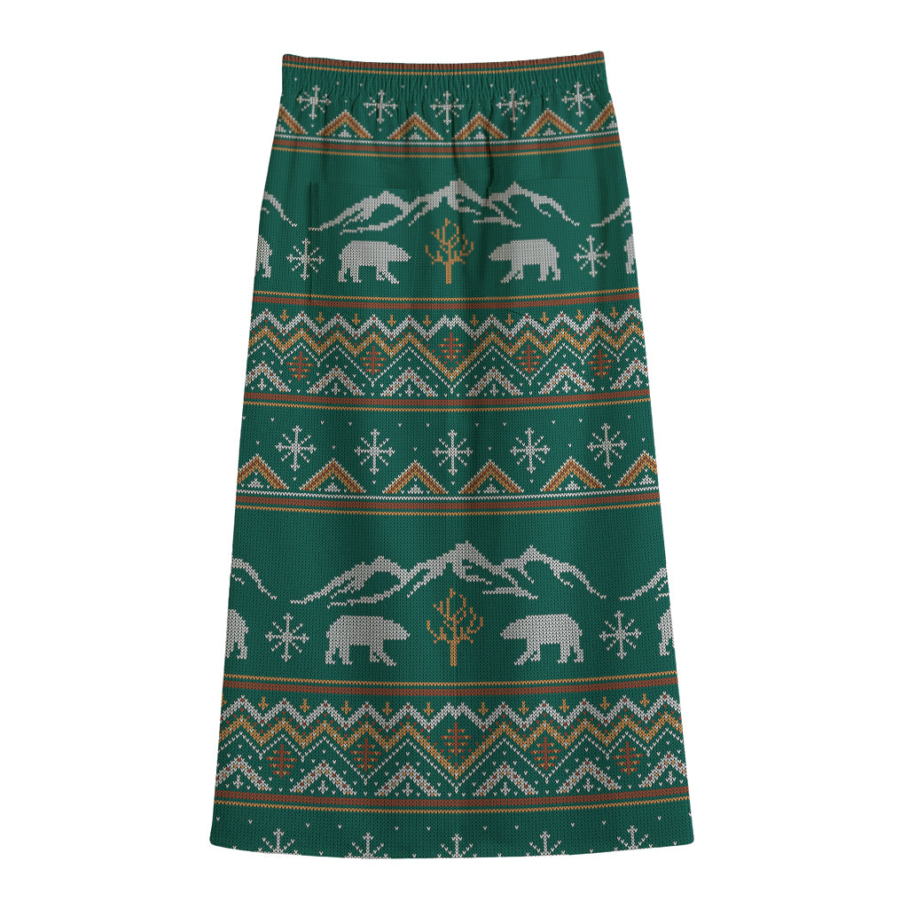 Polar Bear Knitted Pattern Print Cotton Front Slit Maxi Skirt