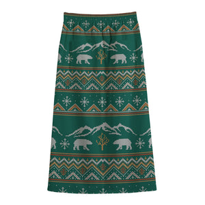 Polar Bear Knitted Pattern Print Cotton Front Slit Maxi Skirt