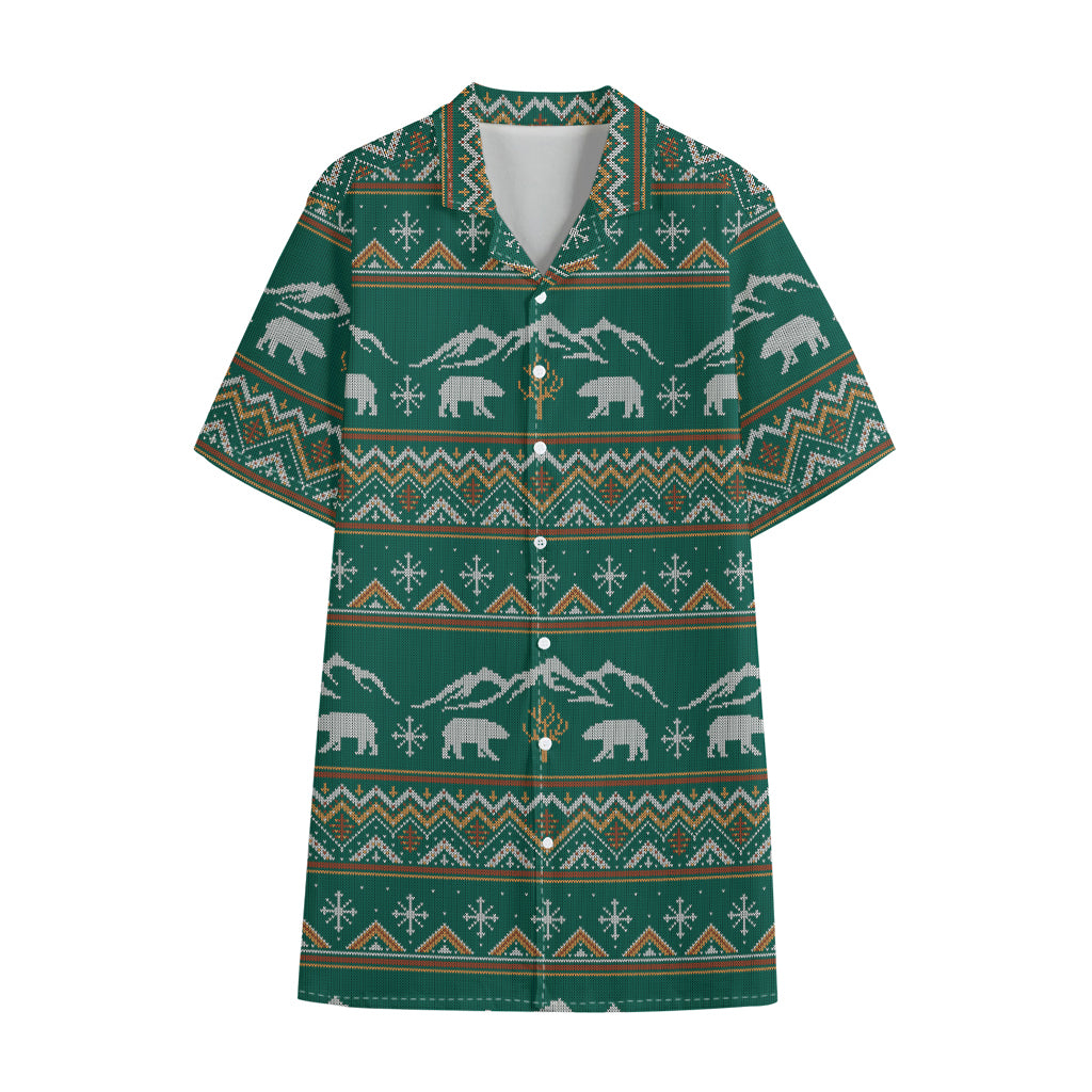 Polar Bear Knitted Pattern Print Cotton Hawaiian Shirt