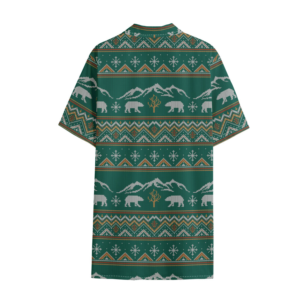 Polar Bear Knitted Pattern Print Cotton Hawaiian Shirt