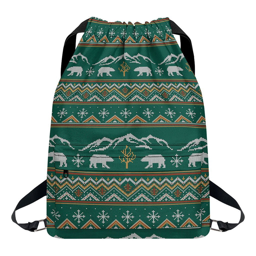 Polar Bear Knitted Pattern Print Drawstring Backpack