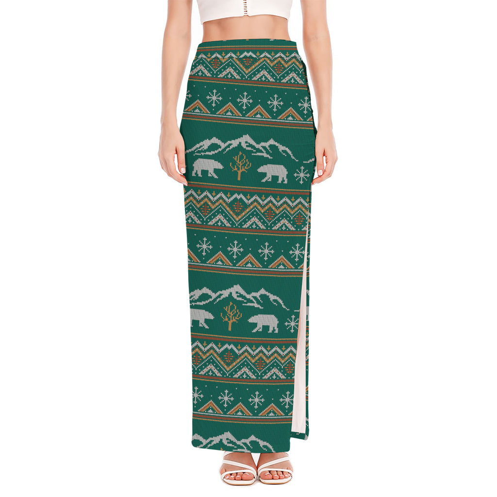 Polar Bear Knitted Pattern Print High Slit Maxi Skirt