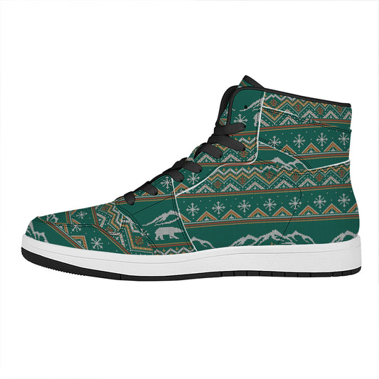 Polar Bear Knitted Pattern Print High Top Leather Sneakers