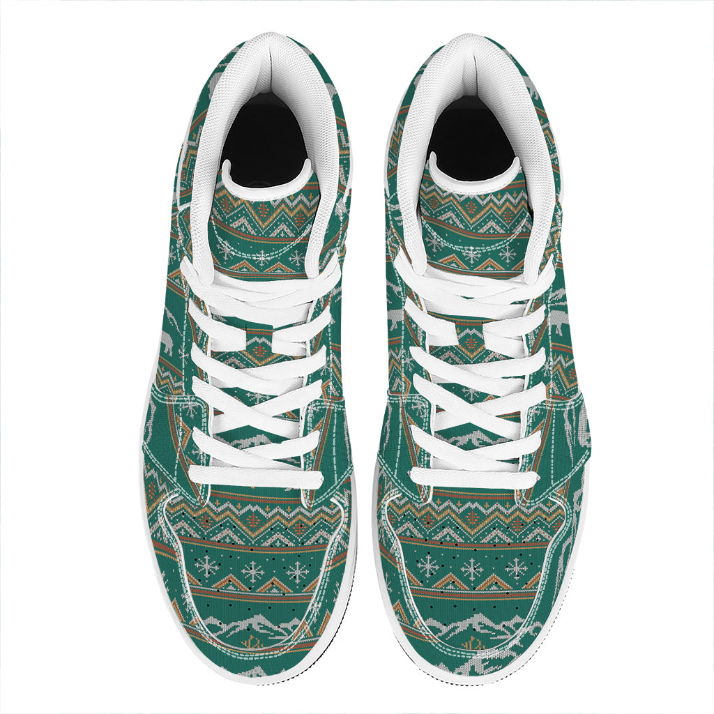 Polar Bear Knitted Pattern Print High Top Leather Sneakers