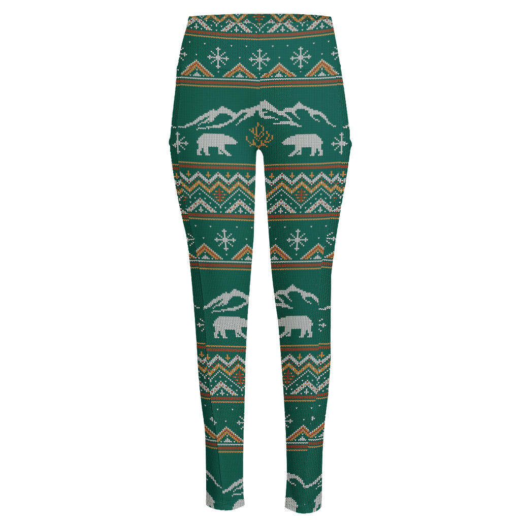 Polar Bear Knitted Pattern Print High-Waisted Pocket Leggings