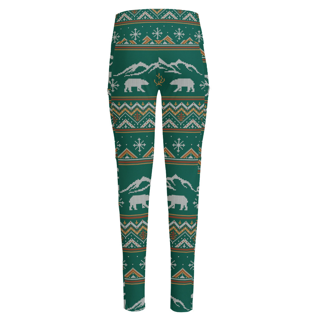 Polar Bear Knitted Pattern Print High-Waisted Pocket Leggings