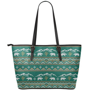 Polar Bear Knitted Pattern Print Leather Tote Bag