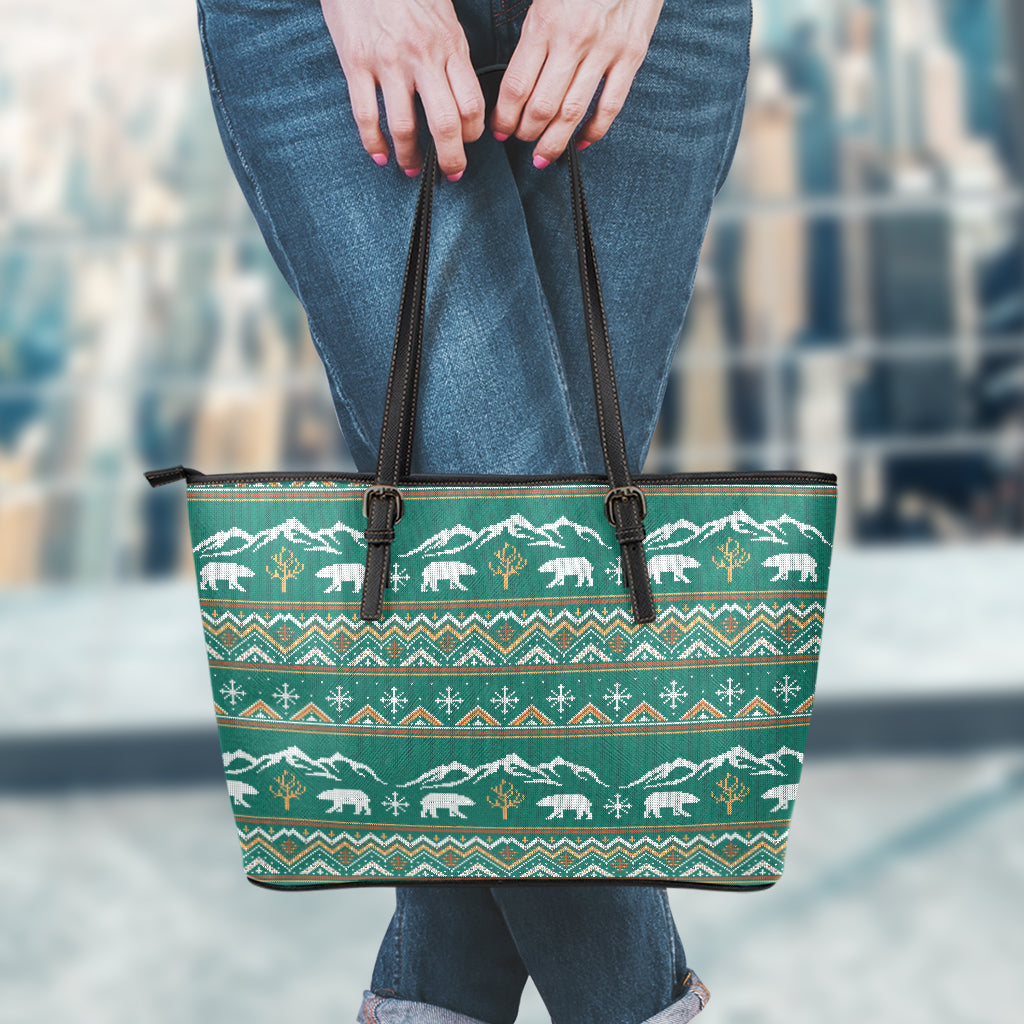 Polar Bear Knitted Pattern Print Leather Tote Bag