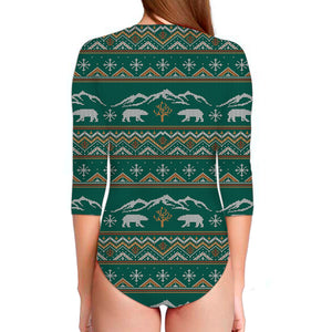 Polar Bear Knitted Pattern Print Long Sleeve Swimsuit