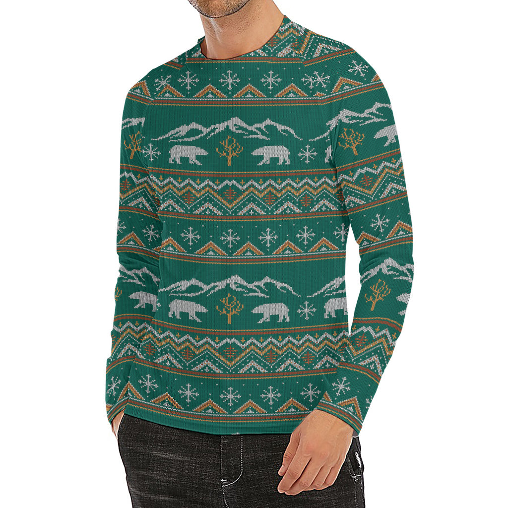 Polar Bear Knitted Pattern Print Men's Long Sleeve Rash Guard