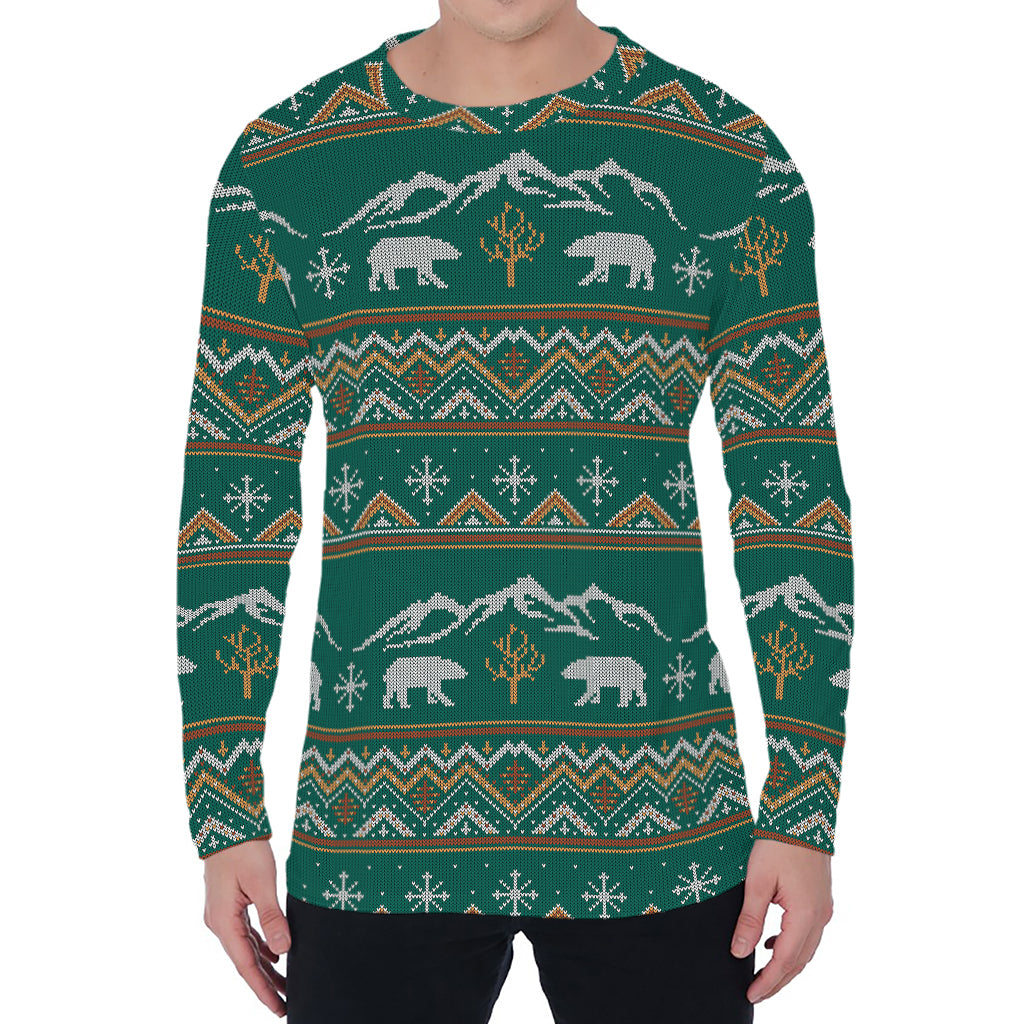 Polar Bear Knitted Pattern Print Men's Long Sleeve T-Shirt