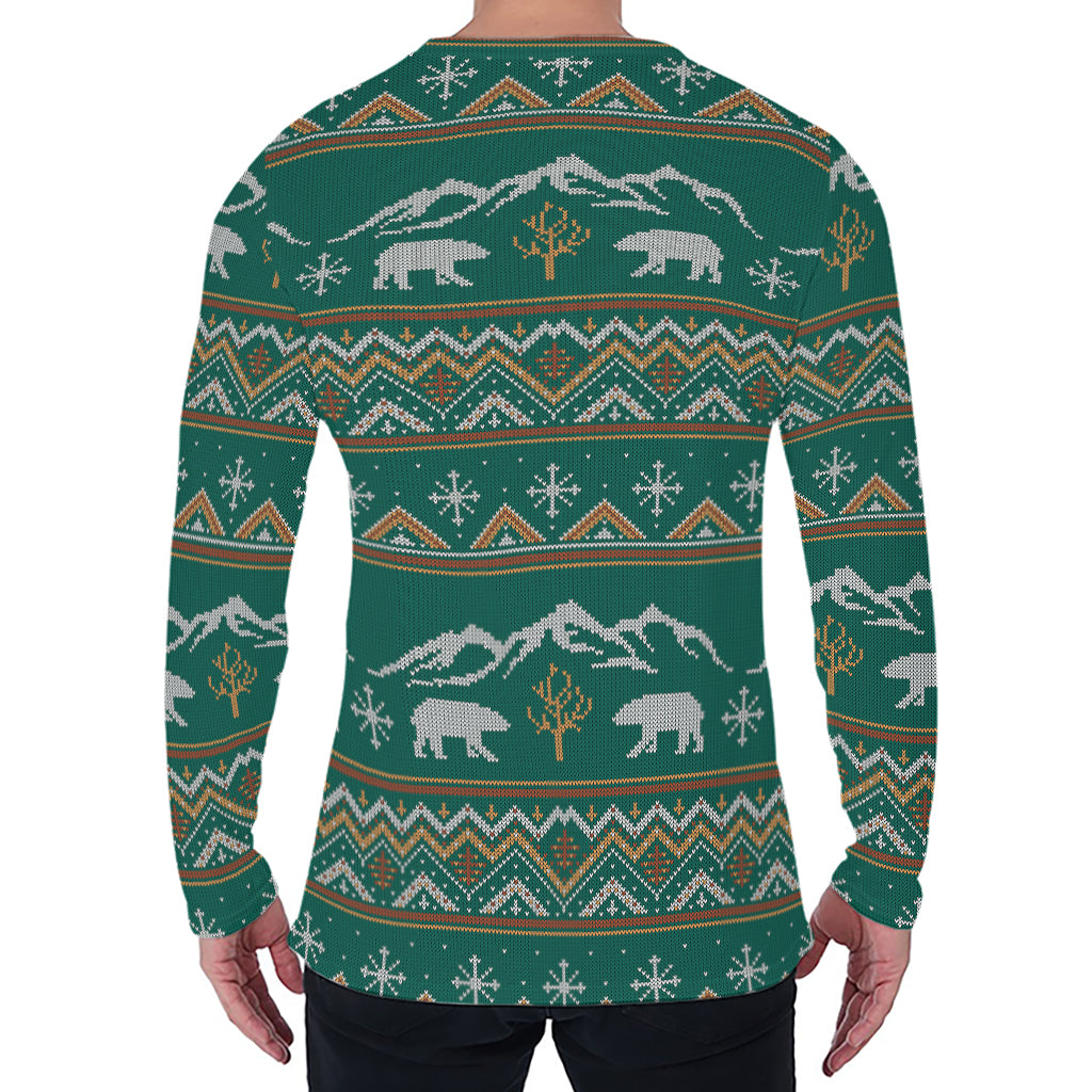 Polar Bear Knitted Pattern Print Men's Long Sleeve T-Shirt