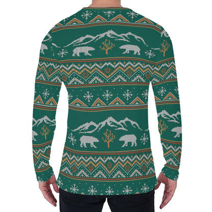 Polar Bear Knitted Pattern Print Men's Long Sleeve T-Shirt