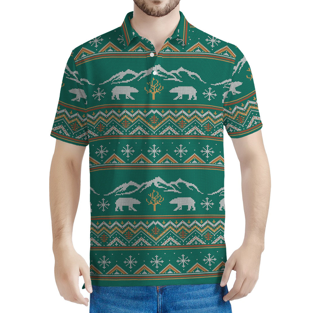 Polar Bear Knitted Pattern Print Men's Polo Shirt