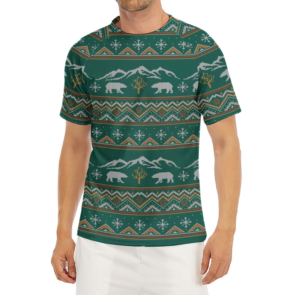 Polar Bear Knitted Pattern Print Men's Short Sleeve Rash Guard
