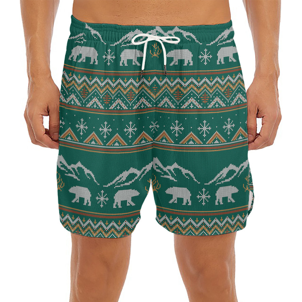 Polar Bear Knitted Pattern Print Men's Split Running Shorts
