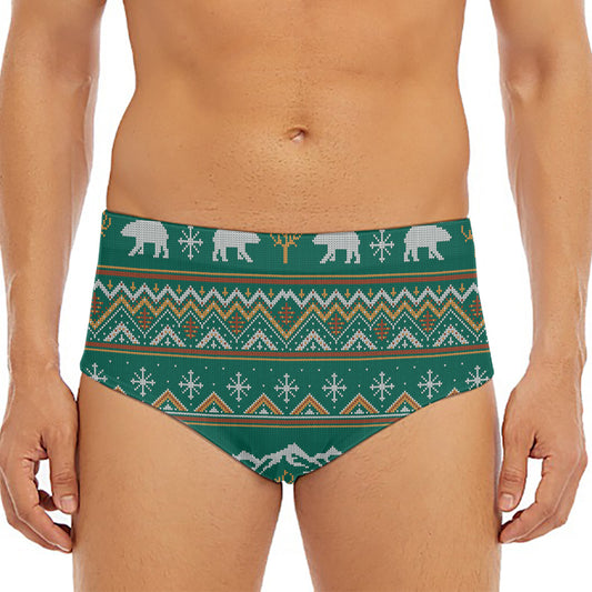 Polar Bear Knitted Pattern Print Men's Triangle Swim Briefs