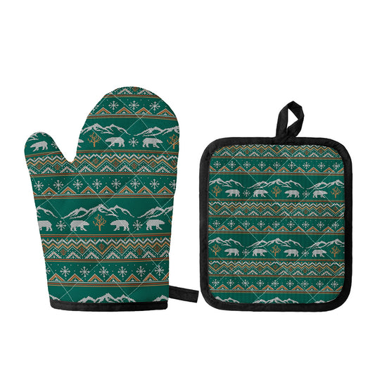 Polar Bear Knitted Pattern Print Oven Mitt And Pot Holder Set