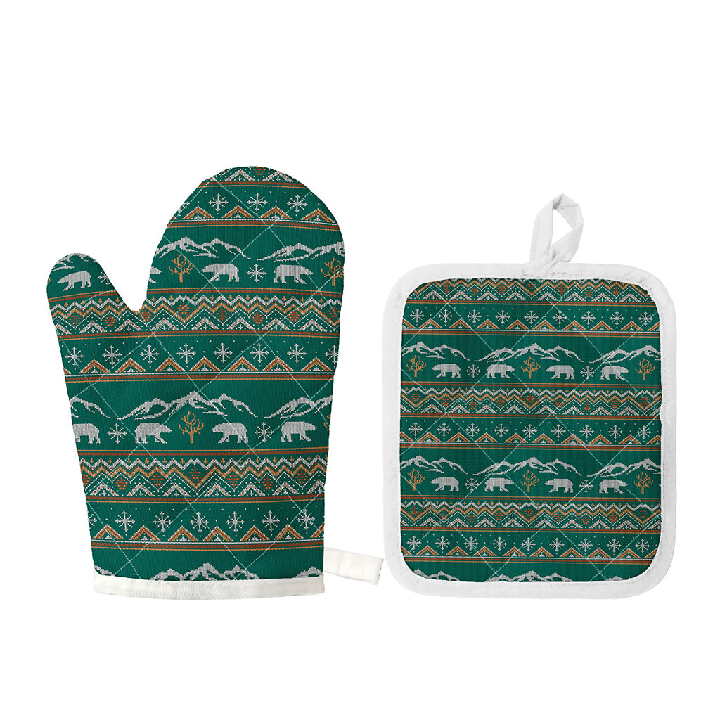 Polar Bear Knitted Pattern Print Oven Mitt And Pot Holder Set