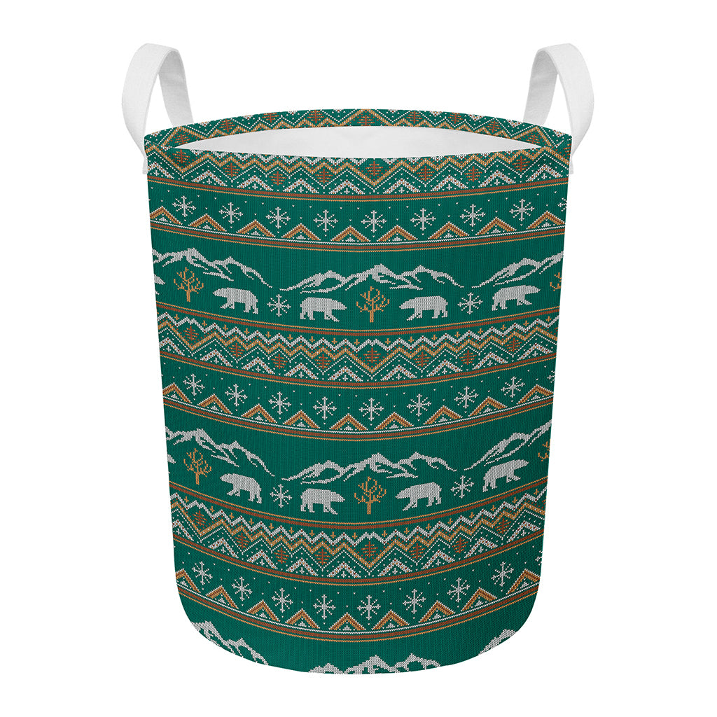 Polar Bear Knitted Pattern Print Round Laundry Basket