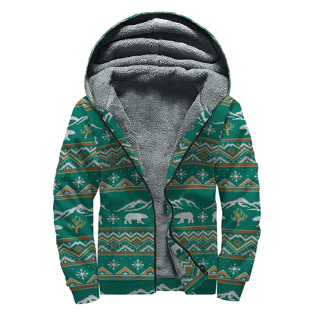 Polar Bear Knitted Pattern Print Sherpa Lined Zip Up Hoodie