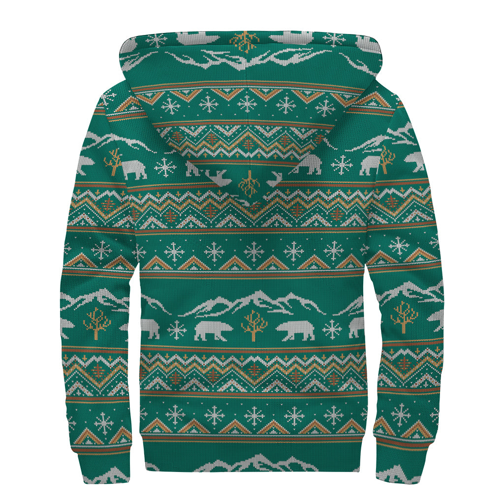 Polar Bear Knitted Pattern Print Sherpa Lined Zip Up Hoodie