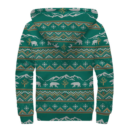 Polar Bear Knitted Pattern Print Sherpa Lined Zip Up Hoodie