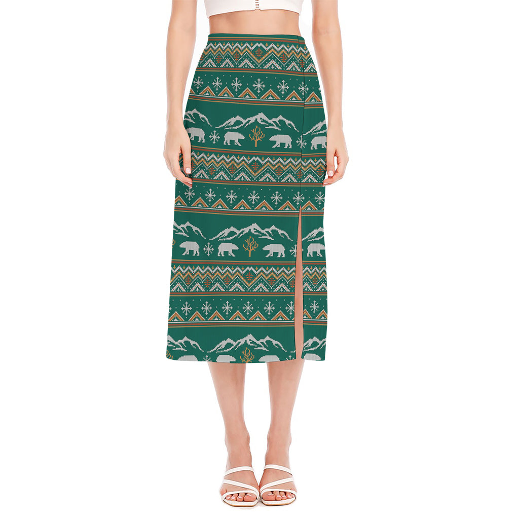 Polar Bear Knitted Pattern Print Side Slit Midi Skirt