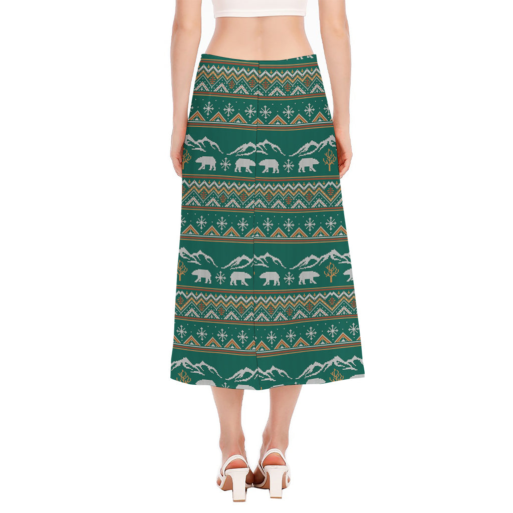 Polar Bear Knitted Pattern Print Side Slit Midi Skirt