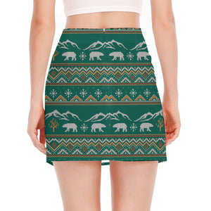 Polar Bear Knitted Pattern Print Side Slit Mini Skirt