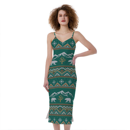 Polar Bear Knitted Pattern Print Slim Fit Midi Cami Dress