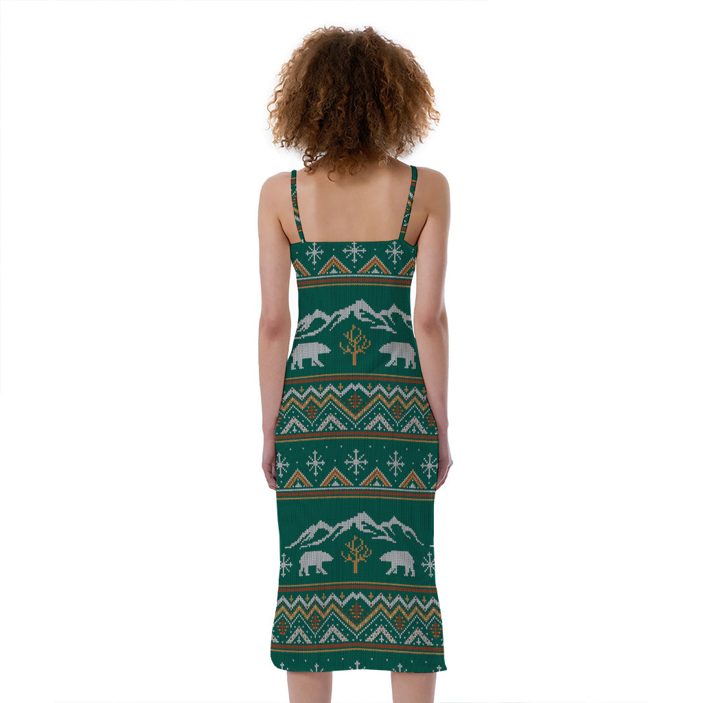 Polar Bear Knitted Pattern Print Slim Fit Midi Cami Dress