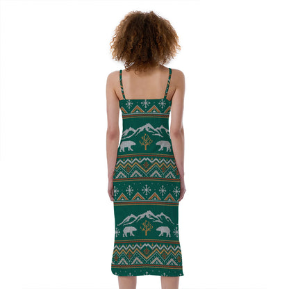Polar Bear Knitted Pattern Print Slim Fit Midi Cami Dress