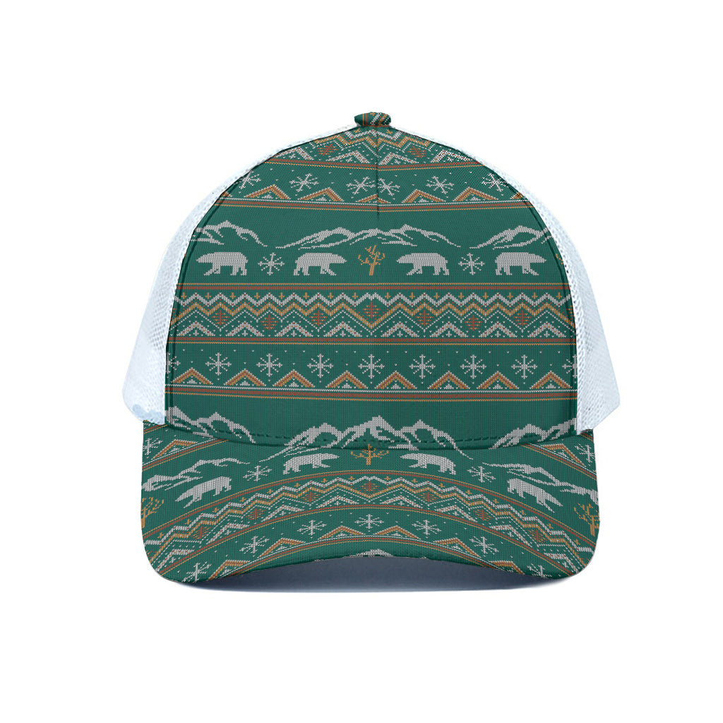 Polar Bear Knitted Pattern Print White Mesh Trucker Cap