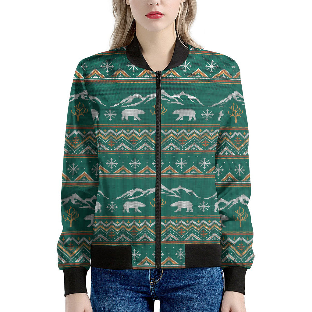 Polar Bear Knitted Pattern Print Women's Bomber Jacket