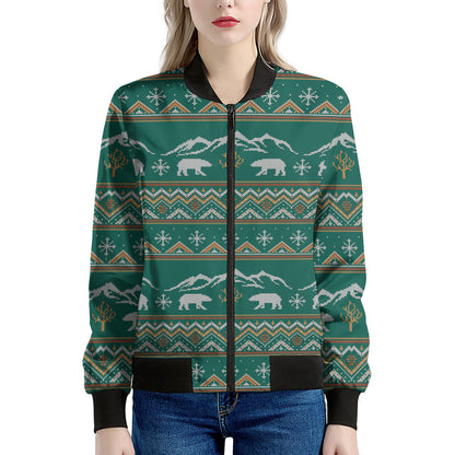 Polar Bear Knitted Pattern Print Women's Bomber Jacket