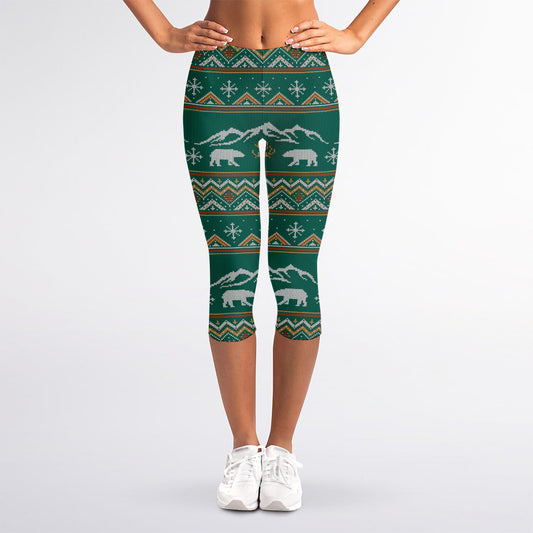 Polar Bear Knitted Pattern Print Women's Capri Leggings
