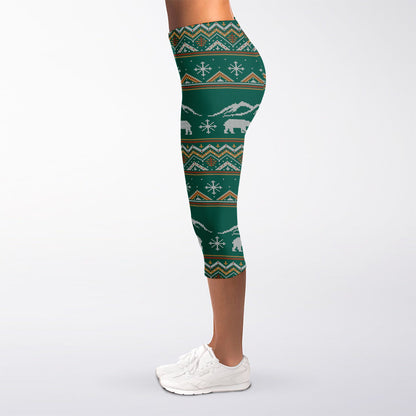Polar Bear Knitted Pattern Print Women's Capri Leggings