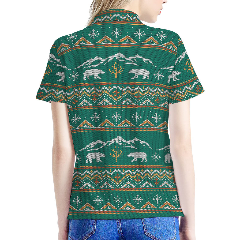 Polar Bear Knitted Pattern Print Women's Polo Shirt