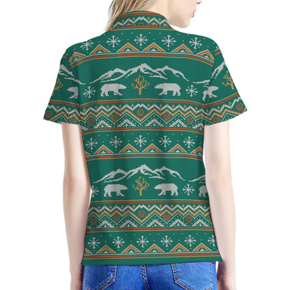 Polar Bear Knitted Pattern Print Women's Polo Shirt