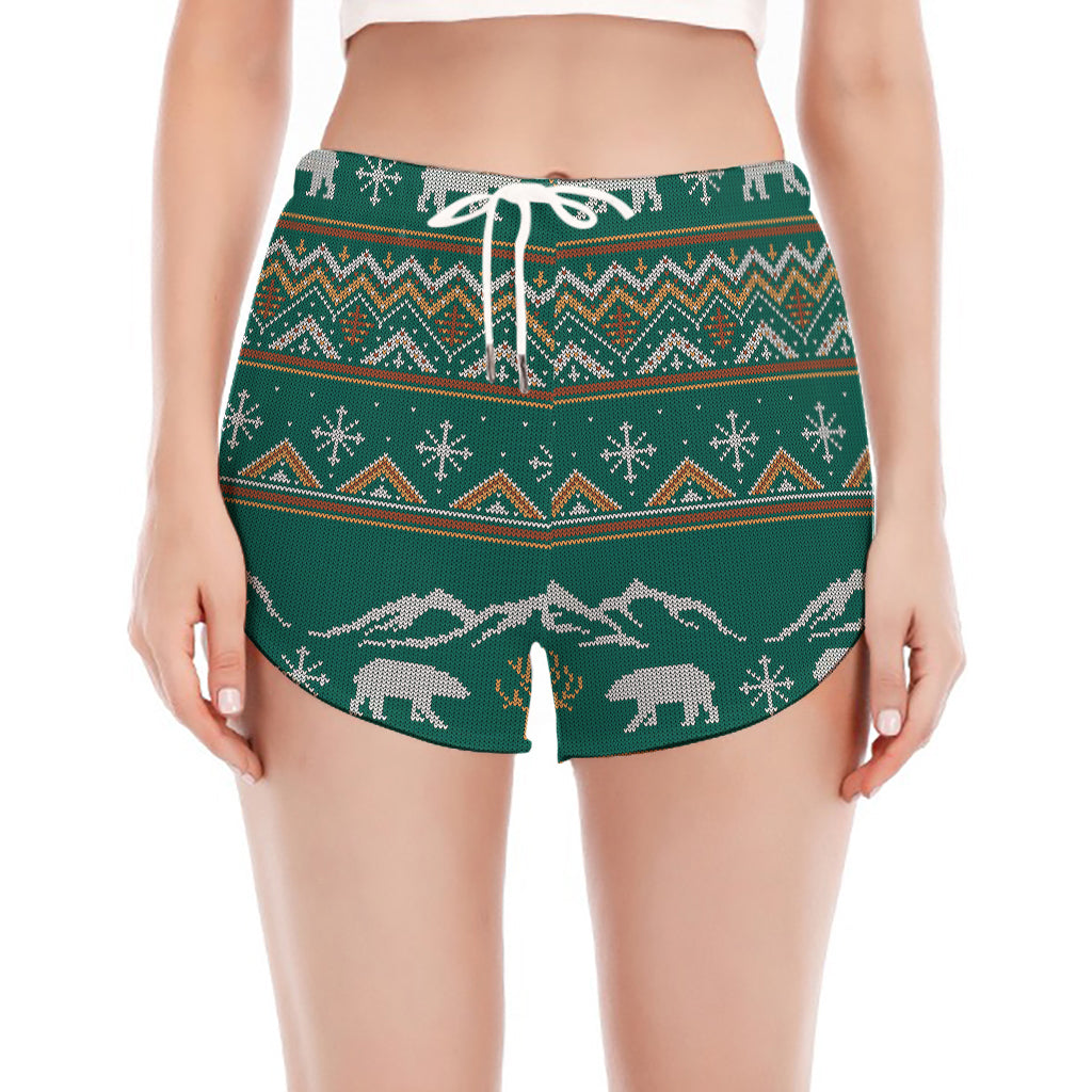 Polar Bear Knitted Pattern Print Women's Split Running Shorts