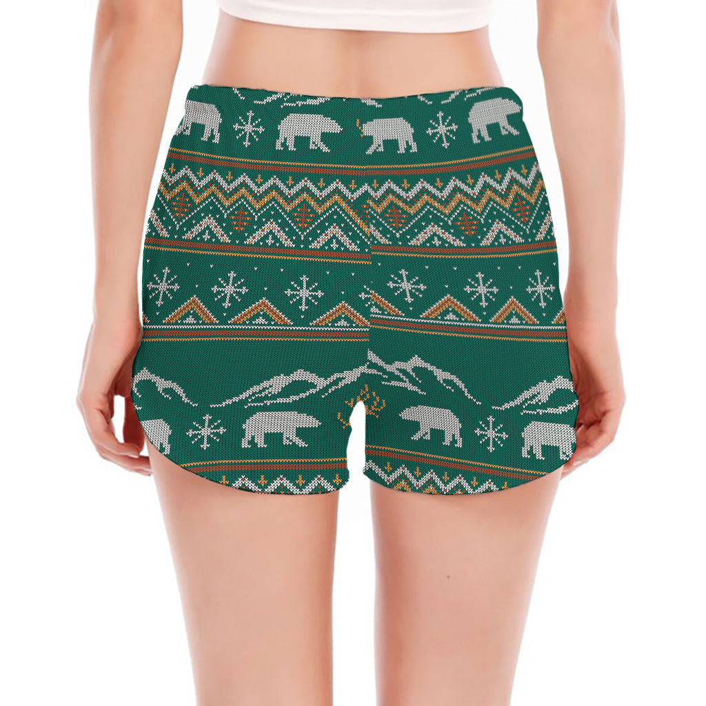 Polar Bear Knitted Pattern Print Women's Split Running Shorts