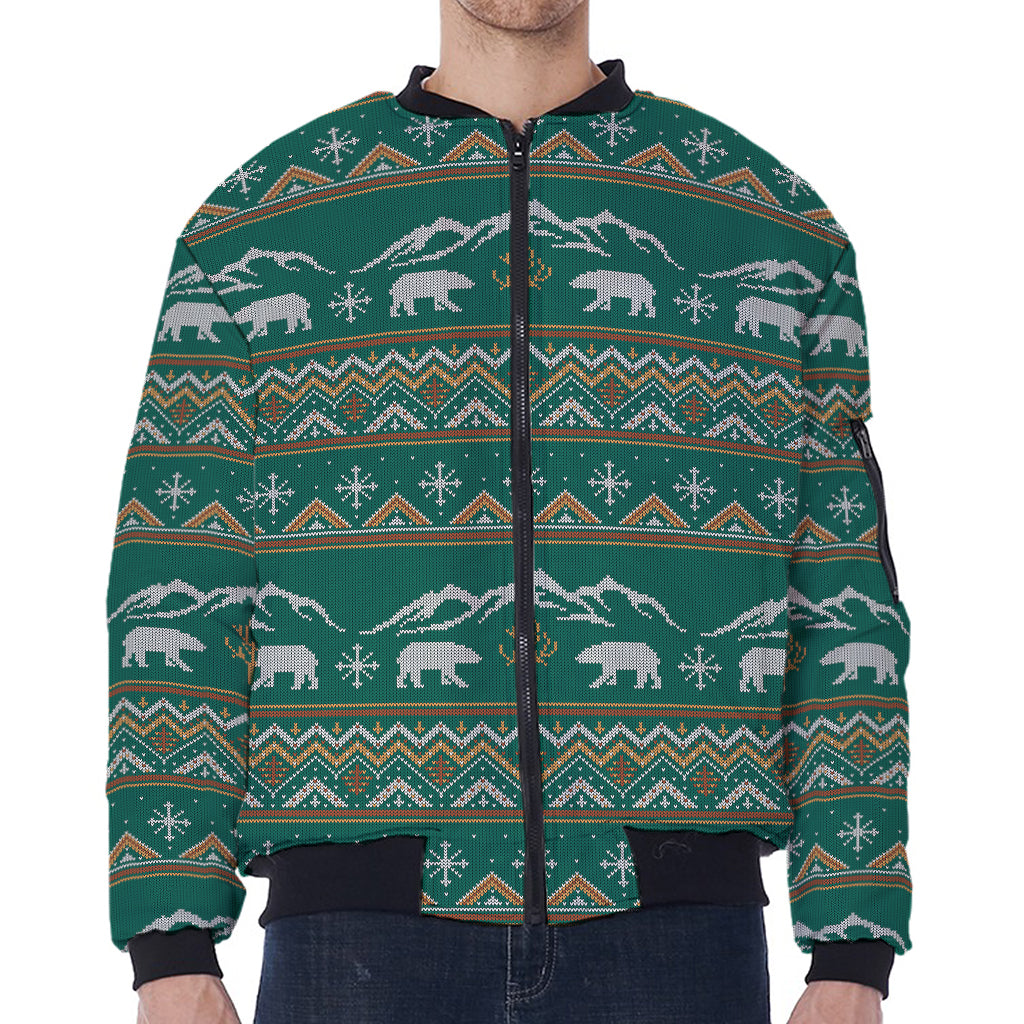 Polar Bear Knitted Pattern Print Zip Sleeve Bomber Jacket