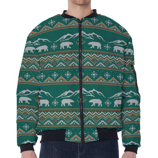 Polar Bear Knitted Pattern Print Zip Sleeve Bomber Jacket