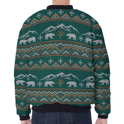 Polar Bear Knitted Pattern Print Zip Sleeve Bomber Jacket